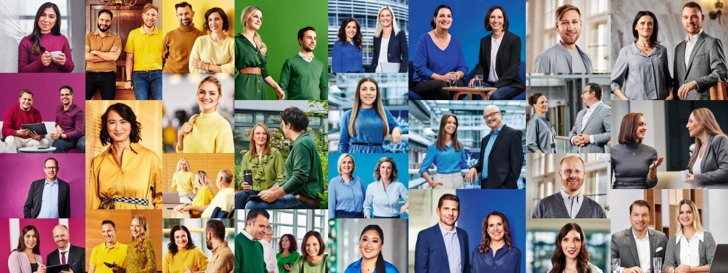 Collage mit Fotos von Konzernmitarbeitern in bunter Kleidung sodass sich ein Farbverlauf ergibt