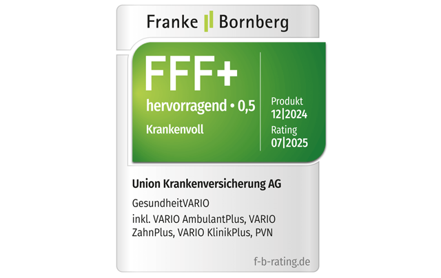 2025: Franke & Bornberg bewertet die Leistungen unserer Krankheitskostenvollversicherung GesundheitVARIO mit der Bestnote 